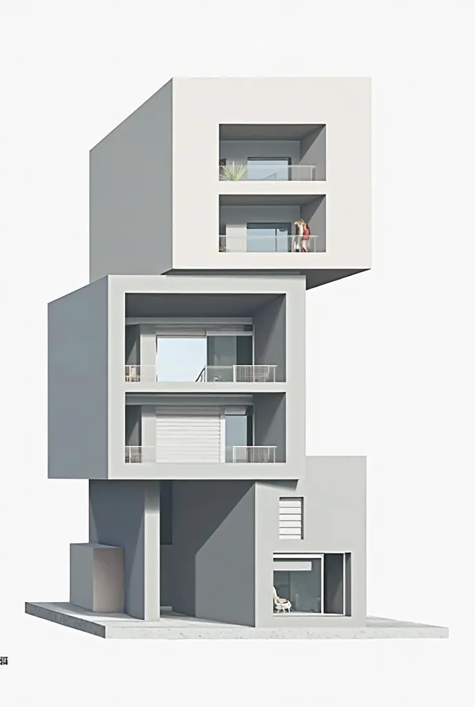 A group floor with a second floor that has to rectangular mass that are shifted one up and one down and are connected through a haul way