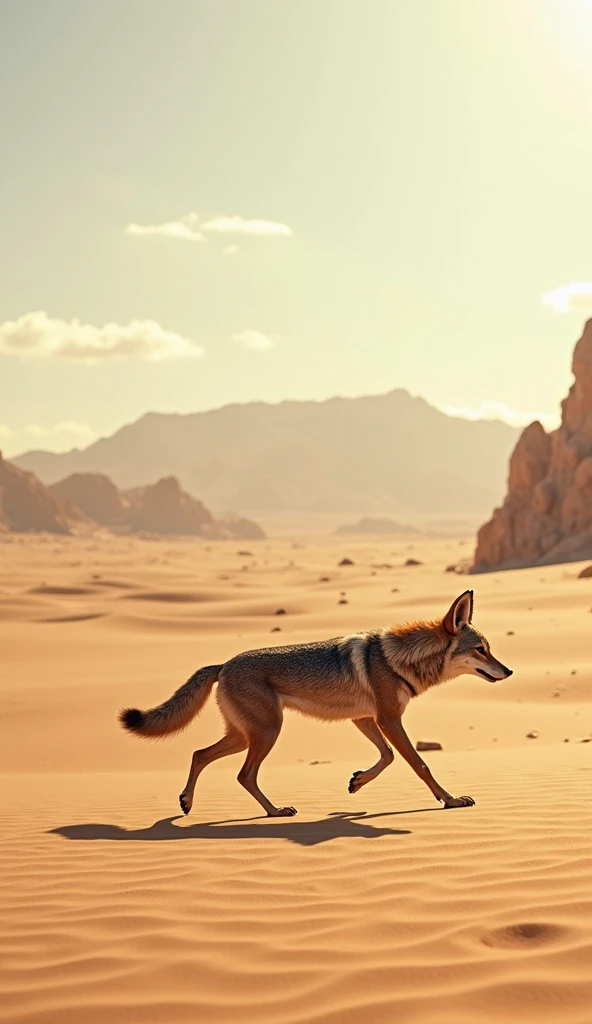 animal: coyote.
A greyish-haired coyote, walking through a desert with sand dunes.

Place: Bilbao Desert.
The coyote is in the middle of a desert landscape, with rock formations and clear skies.