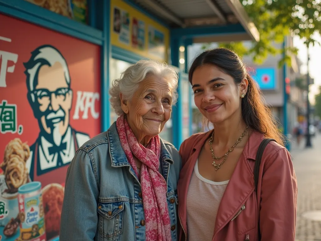 A grandmother and a 20-year-old girl wait at a bus stop that has KFC advertising, this looks like a photograph of Latin advertising.