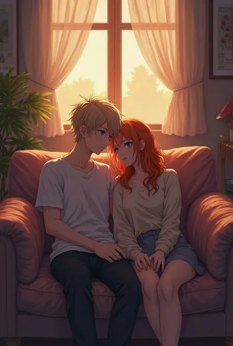 Anime couple of a blond boy and an orange movie girl on a sofa on a dark afternoon