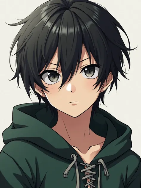 character, Male Hair (man)  ,   In a 2D anime style :

hair:  black or dark brown , with long bangs that partially cover the forehead and side locks that frame the face. It may have a slightly messy style to give it a more dynamic touch.

eyes: grandes y e...