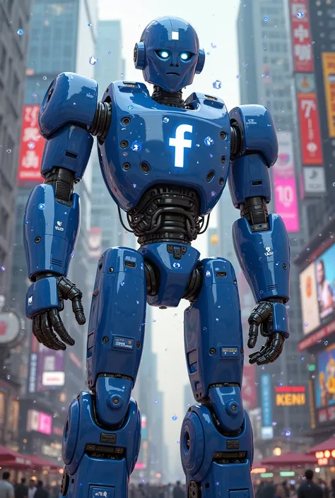 "Create a visually striking and sophisticated robot inspired by the identity and elements of Facebook. The robot is massive in size, standing tall and imposing. Its sleek, metallic blue body features various parts and panels reflecting the signature shades...