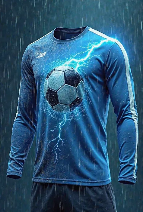 Long sleeve soccer t-shirt with the theme of an electric wind hurricane plus rain and logo a soccer ball in electric blue pastel blue and white with electric lightning design