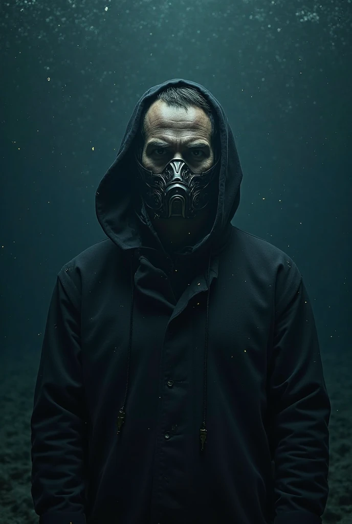 Serious guy wearing a strong mask on an ocean floor at night 