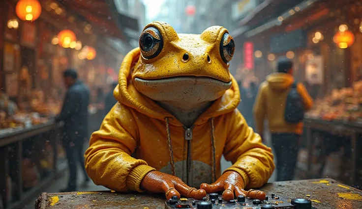 Dj Golden Frog that is walking in market, Golden Hoodie is wearing, mining new token in crypto, Its side will be written on Feed to Earn Cooking this week, the background will be black color