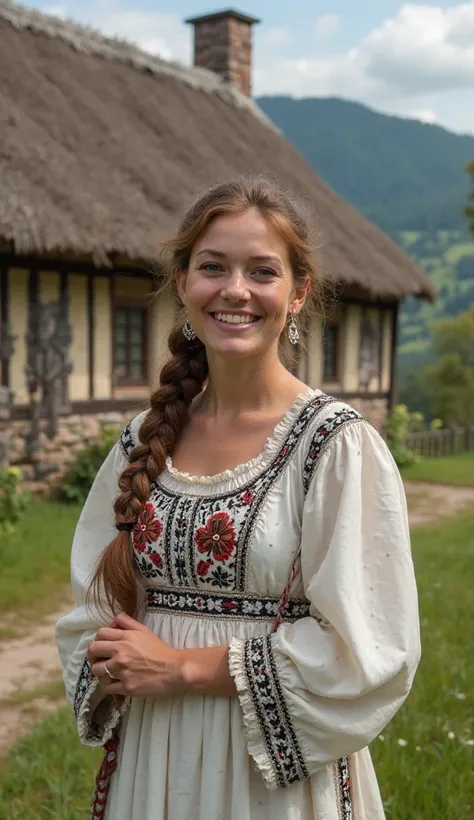 Polish Highlander woman in a traditional white/black/red dress, she is standing in front of a highlander cottage. Full-body view. She is happy and smiling.