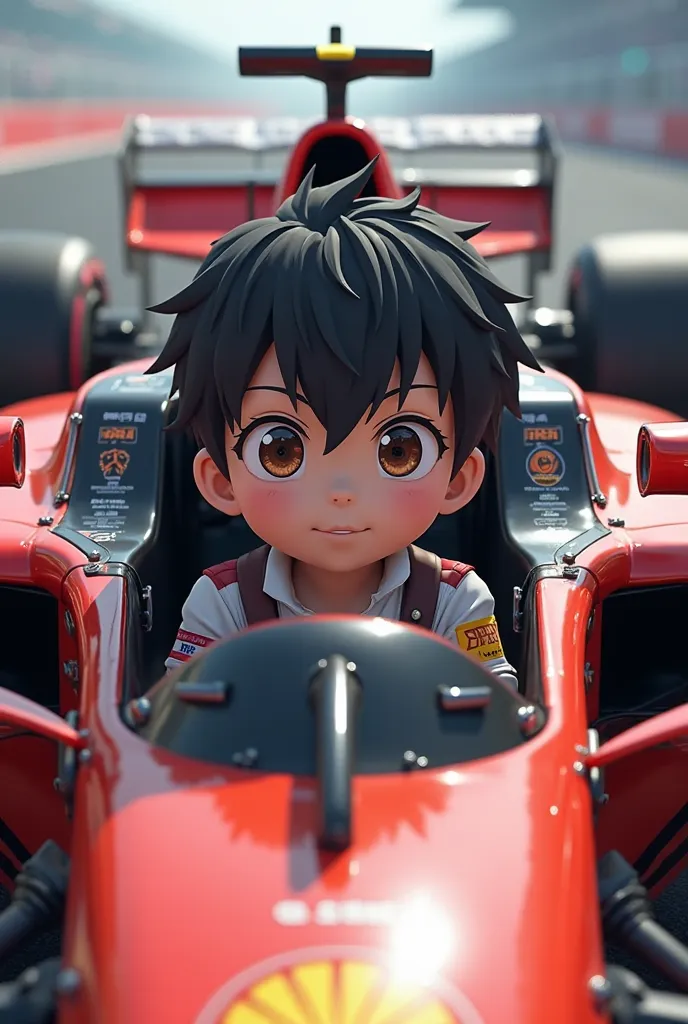 Anime black-haired, brown-eyed boy in a Formula 1 car