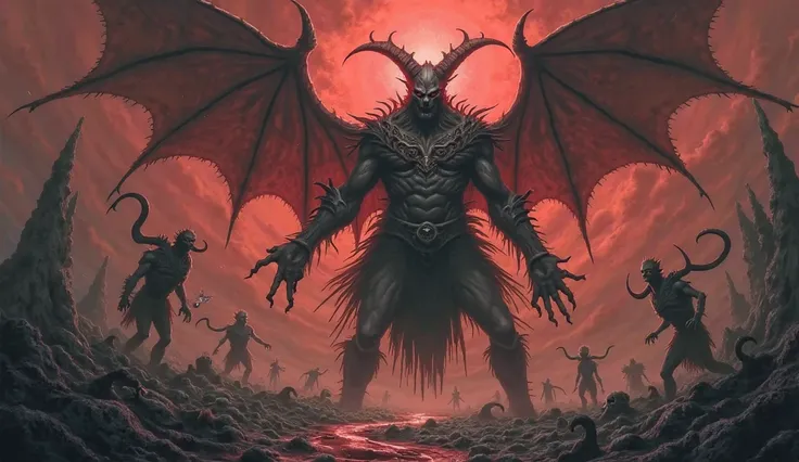 Beelzebub like prince of demons, with a fearsome and dark appearance, surrounded by other demonic entities in a hellish setting.