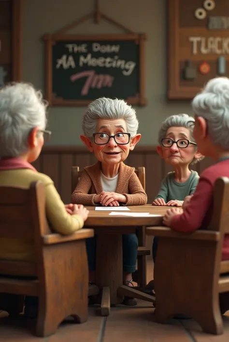 3d photo realistic, caricatures of a small group of alcoholic grandmas sitting around in a circle on wooden chairs, at an AA meeting. One grandma is the leader, she is speaking to the others, introducing herself. A sign on the wall says: AA Meeting 7pm". R...