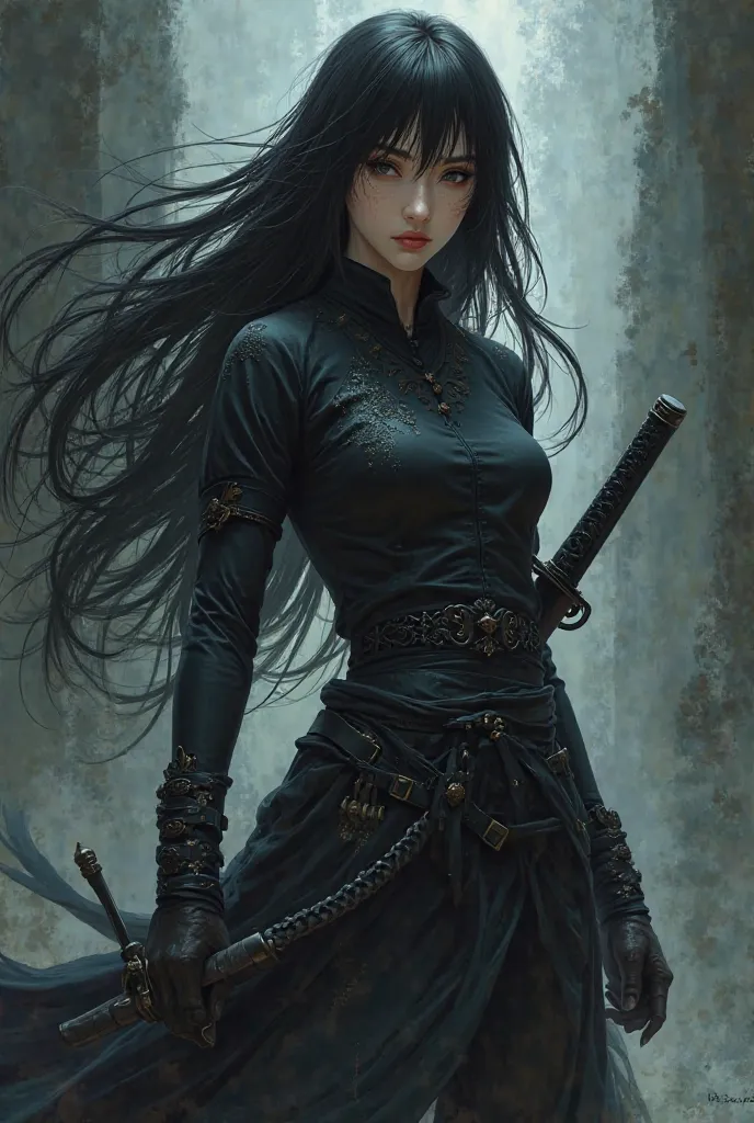 anime character, a woman with very long black hair without fringes, wearing a black demon hunter's uniform, a black and white katana on her back