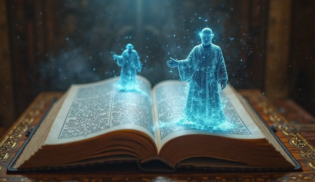 The book of Daniel, the prophet, open on an antique table, with prophetic holograms emerging from the pages and showing a future controlled by AI, cinematic, camera capture and ultra realistic, with spiritual characteristics