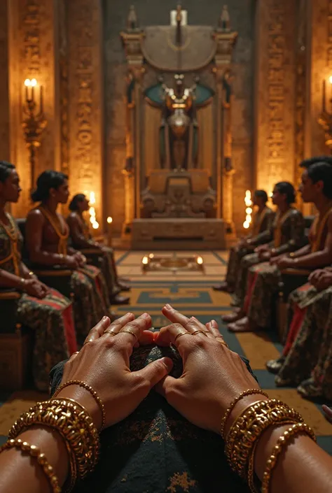 "Ultra-realistic image in POV style, capturing the first-person perspective of an Egyptian queen seated on her throne, with visible hands resting on the supports of the throne, adorned with gold bracelets and rings. The touch of the hands on the throne is ...