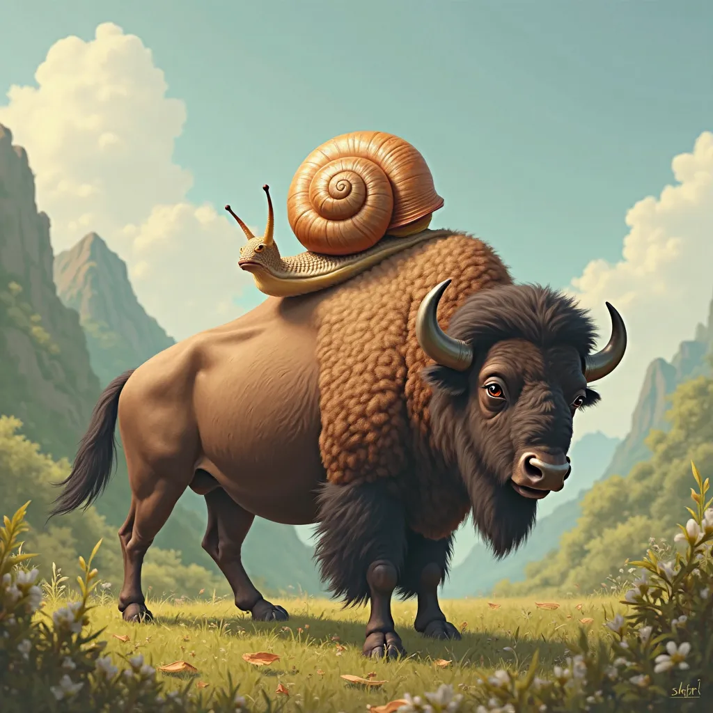 Je voudrais une image, format carré, d'un escargot qui chevauche un bison