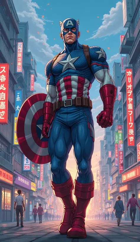 Captain America with his costume in a Japanese ANIME version walking toward the camera