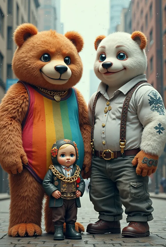 A surreal and whimsical scene featuring three anthropomorphic characters standing together in an urban setting. The first character is a giant-sized Teddy Bear wearing a vibrant rainbow-colored tank top and a stylish choker, with soft and fluffy fur textur...