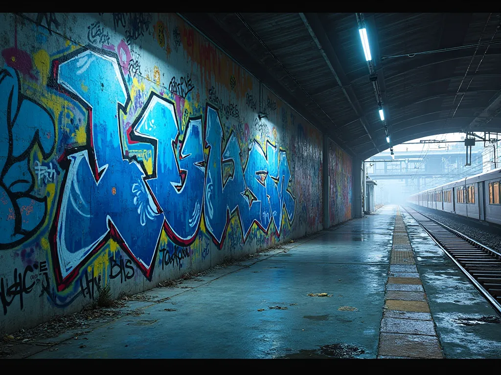 generate an ambient graffiti background in blue colors and a train station, graffiti wall