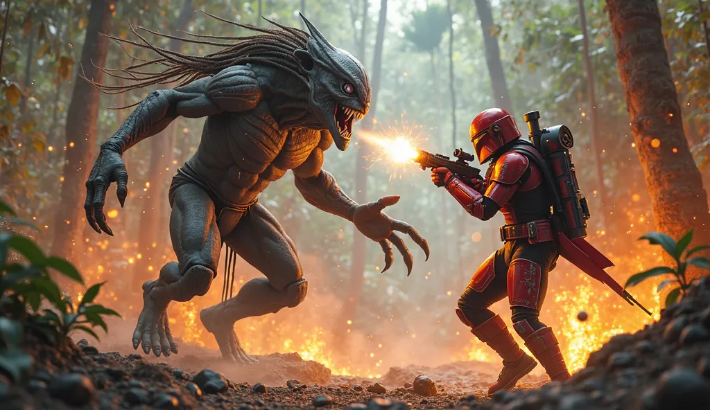 Draw a dramatic, dynamic, and cinematic scene of a fierce battle between a Yautja warrior and a Mandalorian in red armor in a remote, alien jungle.

The Yautja is a towering figure of muscle and lethal precision, wearing an iconic bio-helmet with tribal ma...