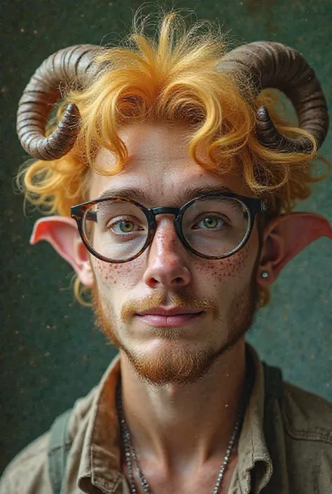 Midjourney semi-realistic style. Man in his 20s with curly horns and fluffy blonde hair, he has round cheeks dotted with freckles and wears round rimmed glasses, green eyes, has sheep ears.