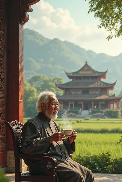 An old Vietnamese rich man is sitting drinking tea in front of a large house in front of an idyllic field. 