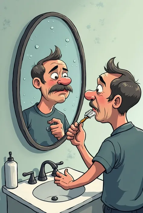 cartoon of a white middle aged man , looking in the mirror and brushing his teeth , He has a mustache and a sad face , cartoon cartoon  