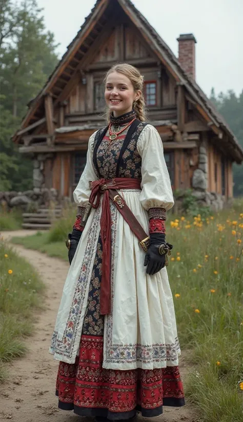 Polish Highlander woman in a traditional/cyberpunk white/black/red dress that is both traditional and futuristic, she is standing in front of a futuristic highlander cottage, (Full-body view), She is happy and smiling. 