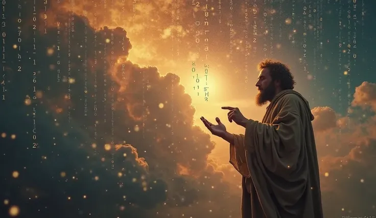 Daniel, the prophet, pointing to an illuminated sky with binary codes falling like rain, representing the connection between prophecy and technology, cinematic, camera capture and ultra realistic, with spiritual characteristics