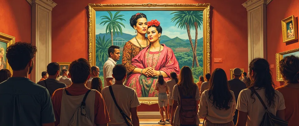 Gallery of the National Museum of Art of Mexico. works of art. people looking at a painting "Frieda and Diego Rivera" painted by Frida Kahlo. 