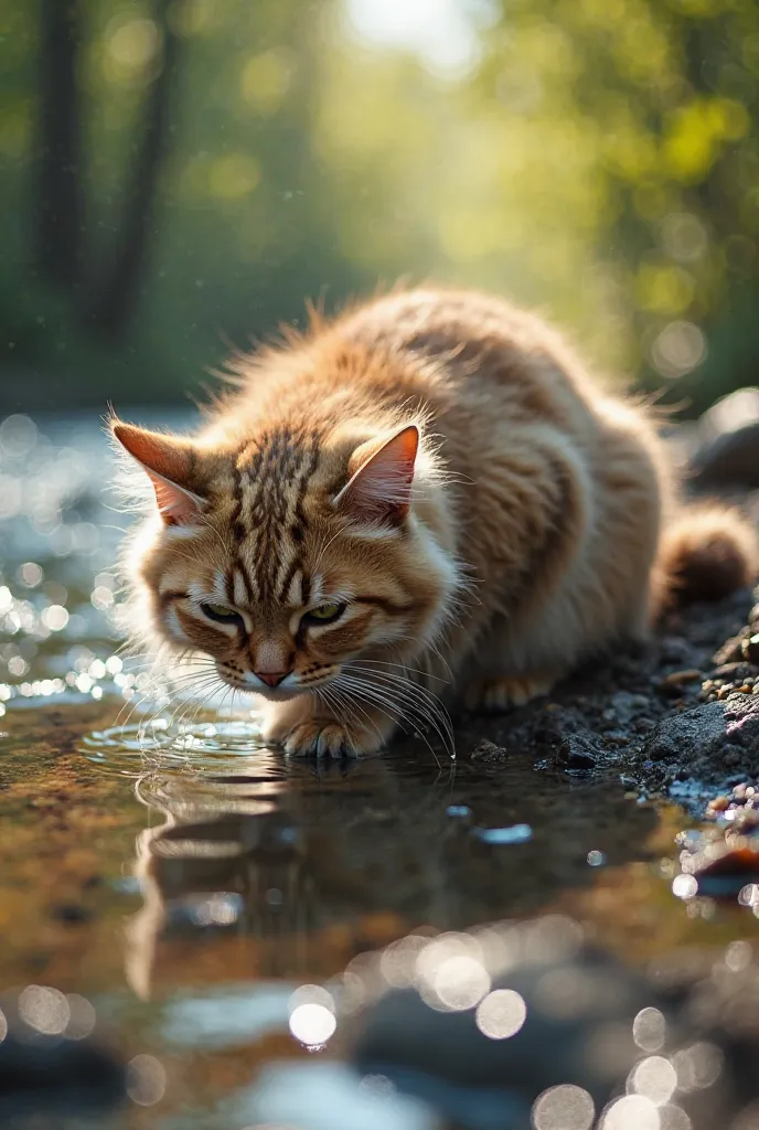 A lazy cat with fluffy fur and a sleepy expression finally reaches the edge of the sparkling river. Kneeling down at the water's edge, it gently dips its head, carefully lapping up the cool, fresh water. The sunlight shimmers on the surface of the river, c...