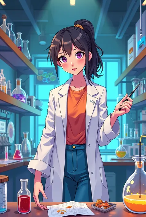 Create an anime cartoon that includes the name Agatha and objects related to the sensory analysis of food with laboratory equipment and a female scientist