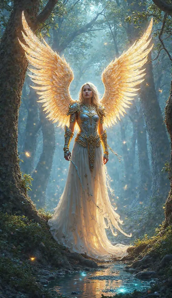 **Prompt (Light Fantasy | Estilo  Elden Ring):**  

"A majestic angel warrior rises in the heart of a mystical forest, his presence radiating a heavenly light that reflects on the ancient trees around him. Her imposing body is covered by an **shiny silver ...