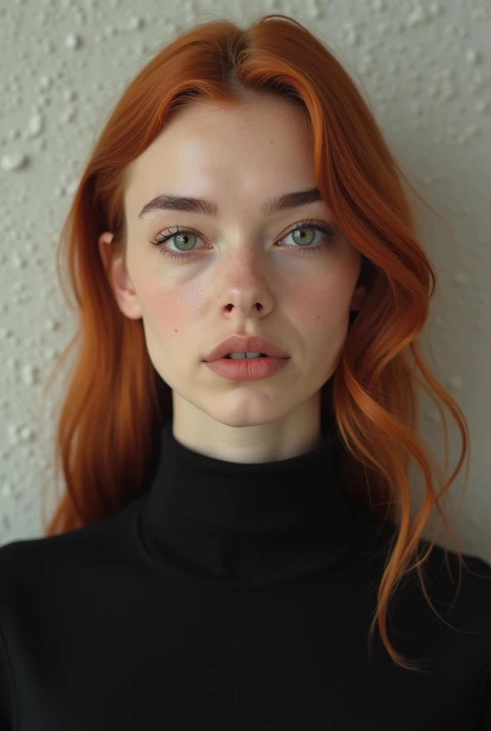 Headshot portrait of Anya Taylor-Joy, wearing a black turtleneck sweater and long red hair, eyebrow piercing and a thin face.