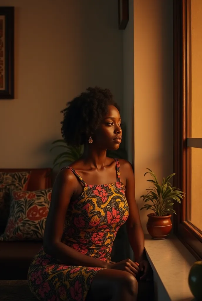 A realistic erotic busty Nigerian woman in her late 20s, sitting by a window at night, soft golden lighting, wearing a modern Ankara-print dress, looking thoughtful and slightly lonely, African-inspired decor in the background, cozy apartment, cinematic mo...