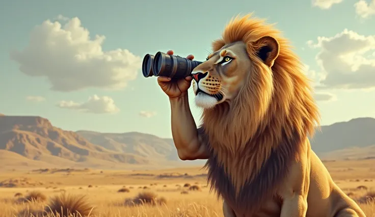 A lion holding binoculars with his hands, watching the horizon 