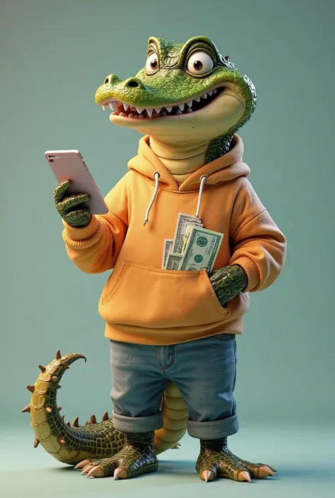 3d happy alligator character , Cool guy with sweatshirt with money in his pocket , holding lottery ticket and cell phone