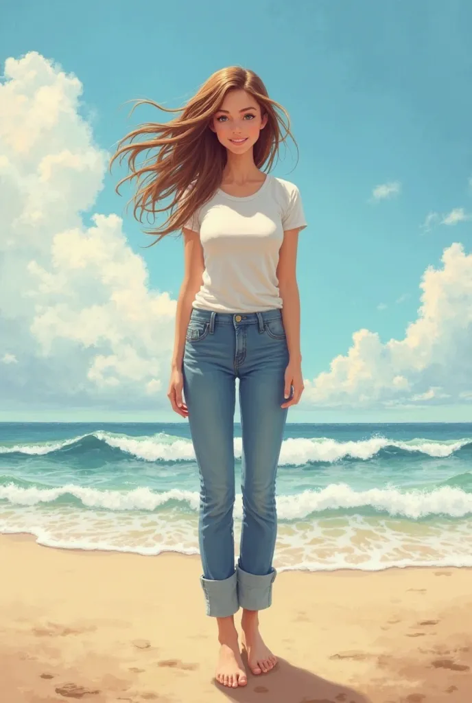 a picture of a woman wearing a t-shirt, In jeans and barefoot on the sand of a beach