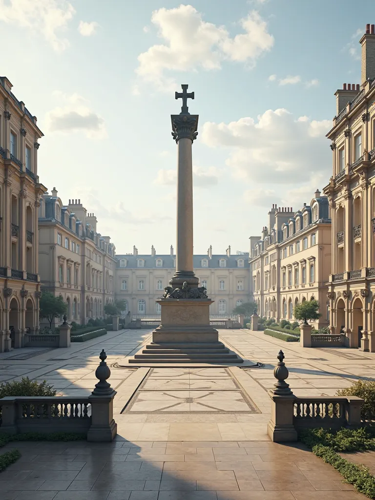 St. Andrew Square — A large and elegant square, surrounded by Georgian buildings and a large stone monument in the center. regency period, Absence of people 