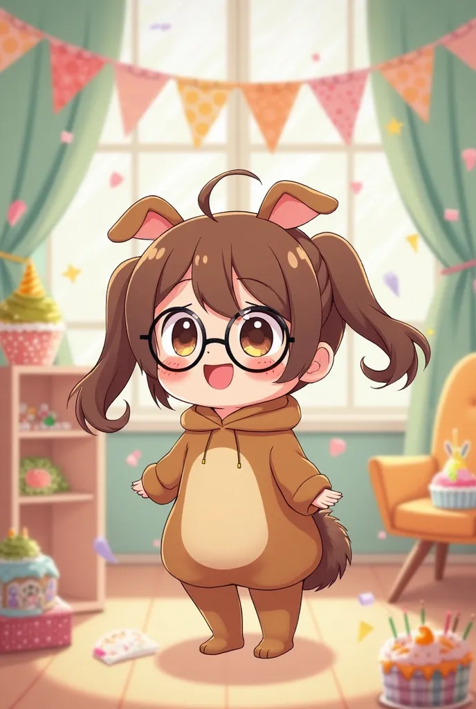 A  girl having a birthday the  girl with round glasses and brown hair and two pigtails. Anime girl wearing capybara clothing 