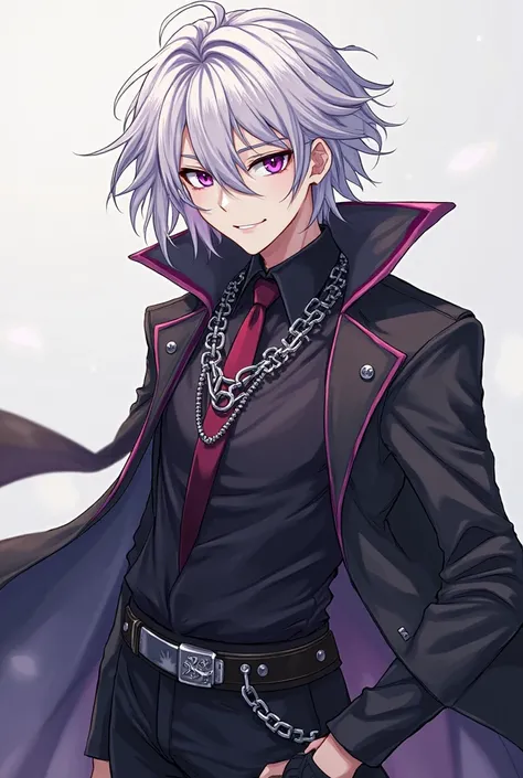 Create an anime boy with medium length silver-white hair that has dark red strands. His eyes should be purple with an intense stinging look. It has angular features,  high cheekbones , prominent chin, narrow nose and often a cool smile. His skin is very li...