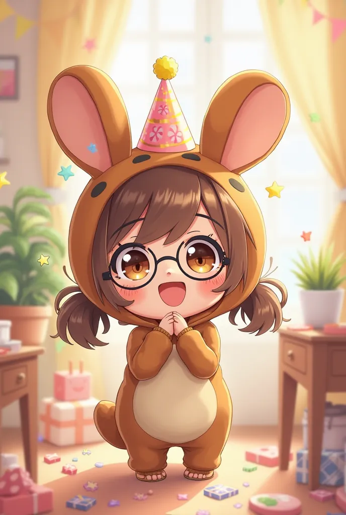 A  girl having a birthday the  girl with round glasses and brown hair and two pigtails. Anime girl wearing capybara clothing 