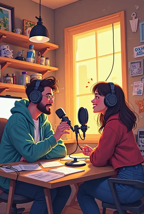 Friends recording an animated podcast