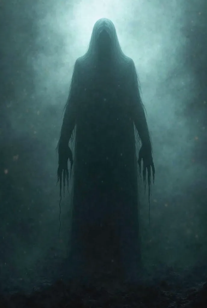 Create an image of a dark and enigmatic being, emerging from a dense fog.  His silhouette is tall and imposing , with ethereal, vaguely defined outlines. Your hands are abnormally long and stretch out like menacing shadows. The surrounding environment is f...