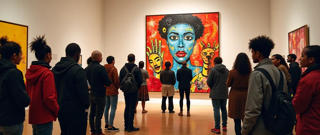 Galeria do The Museum of Modern Art. works of art. people looking at a painting "Hollywood Africans" by Jean-Michel Basquiat