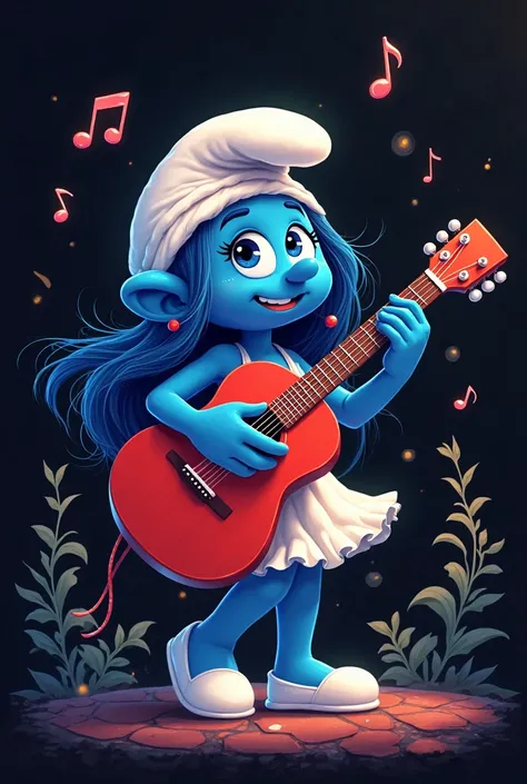 Smurfs pretty female singer, Pretty girl singing with red guitar animated black background