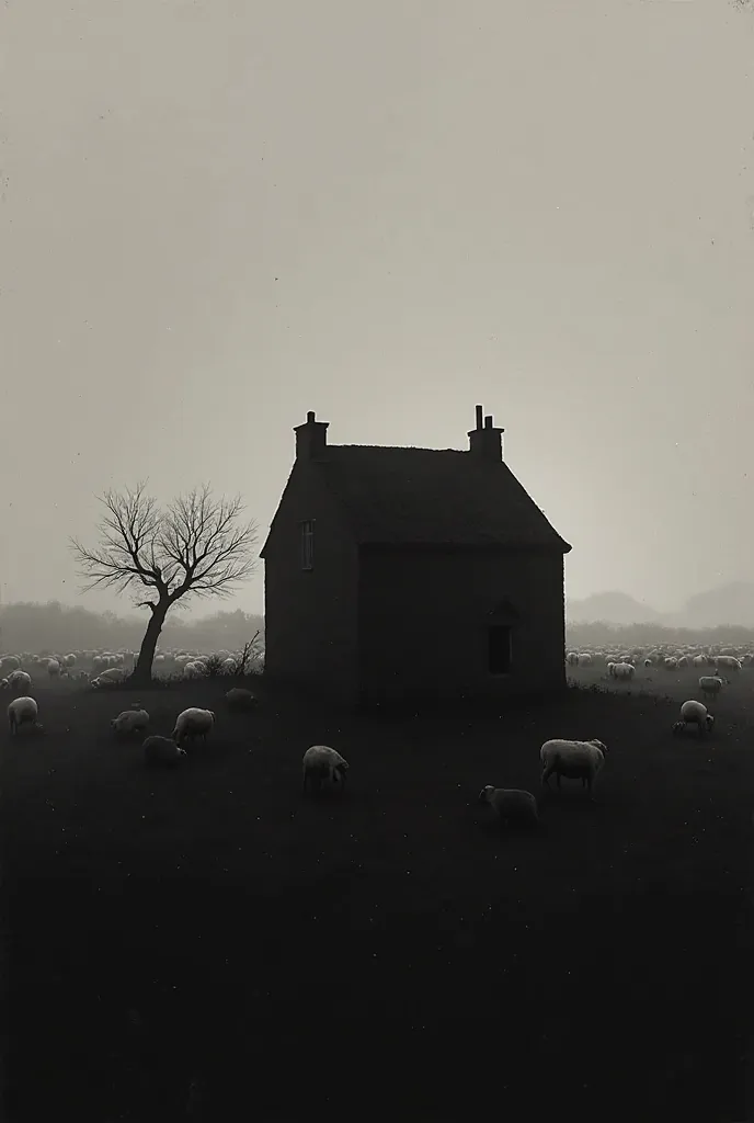 Create a black and white noir-style image of a small. House strictly without a roof and a. Only one floor, outside in the background a flock of sheep