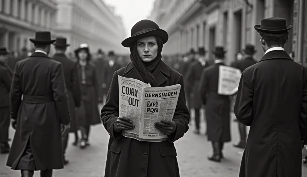 1. Public Scandal – Headlines and Backlash
"Marie Curie walks through the streets of Paris in the early 1910s, her face partially hidden under a dark hat and veil. In her hands, she clutches a newspaper with bold headlines attacking her for her alleged rel...