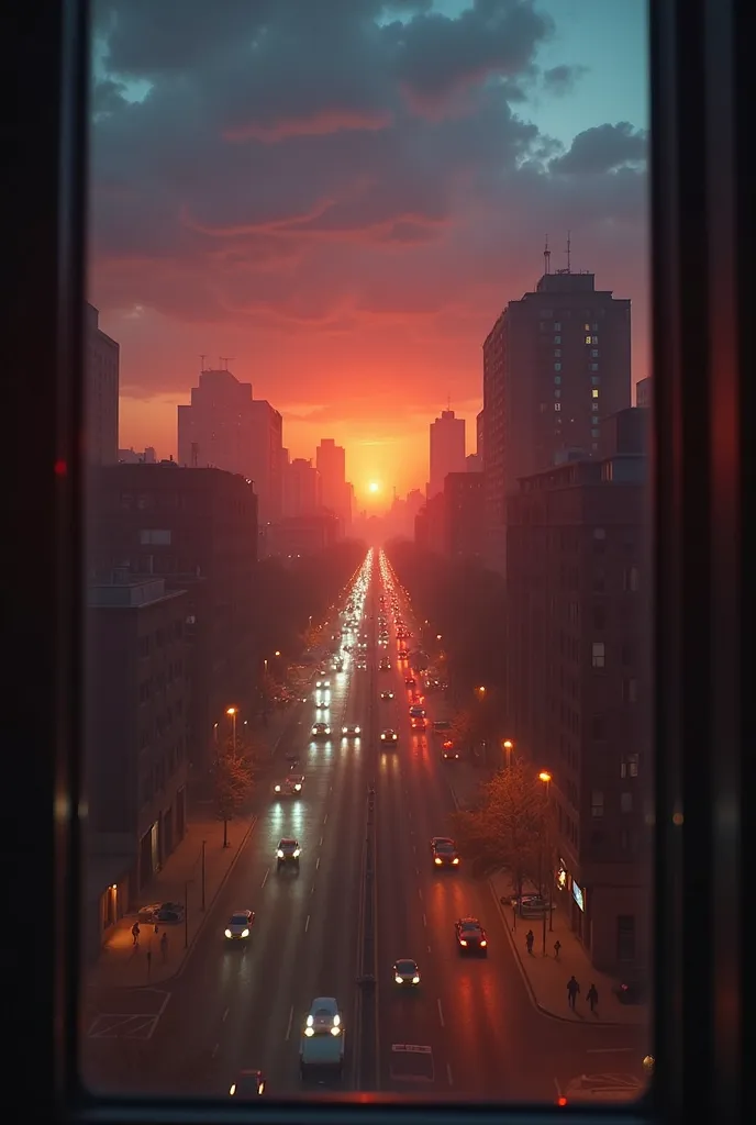 POV of a person in an apartment on the 20th floor at dawn. The camera shakes slightly while the TV shows a red alert with the message 'Impact in 10 minutes'. The muffled sound of sirens invades the environment. The camera rotates slowly to the window:  The...