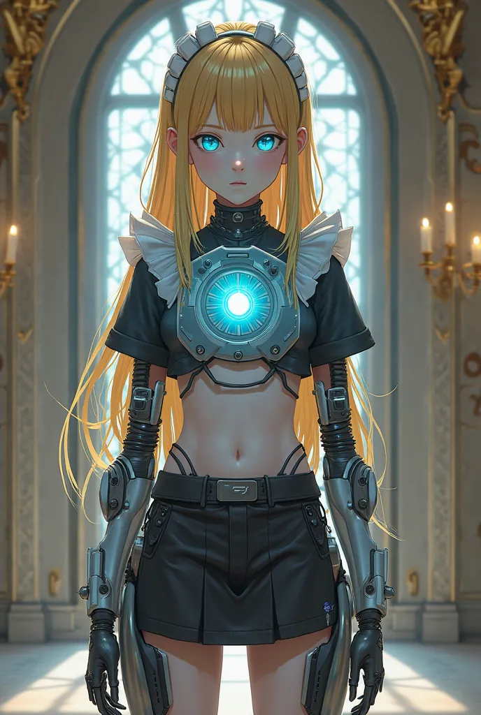 anime style 2d, science fiction, a ten year old girl , long blonde hair ,fringe , mechanical blue eyes, cyborg girl , biomechanical , hardware , technological plate fused to her chest ,flat chest , blue light core,  power cables connected to her body , bel...