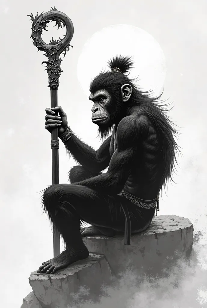 Draft drawing of Sun Wukong in black and white with gradient sitting with his stick 