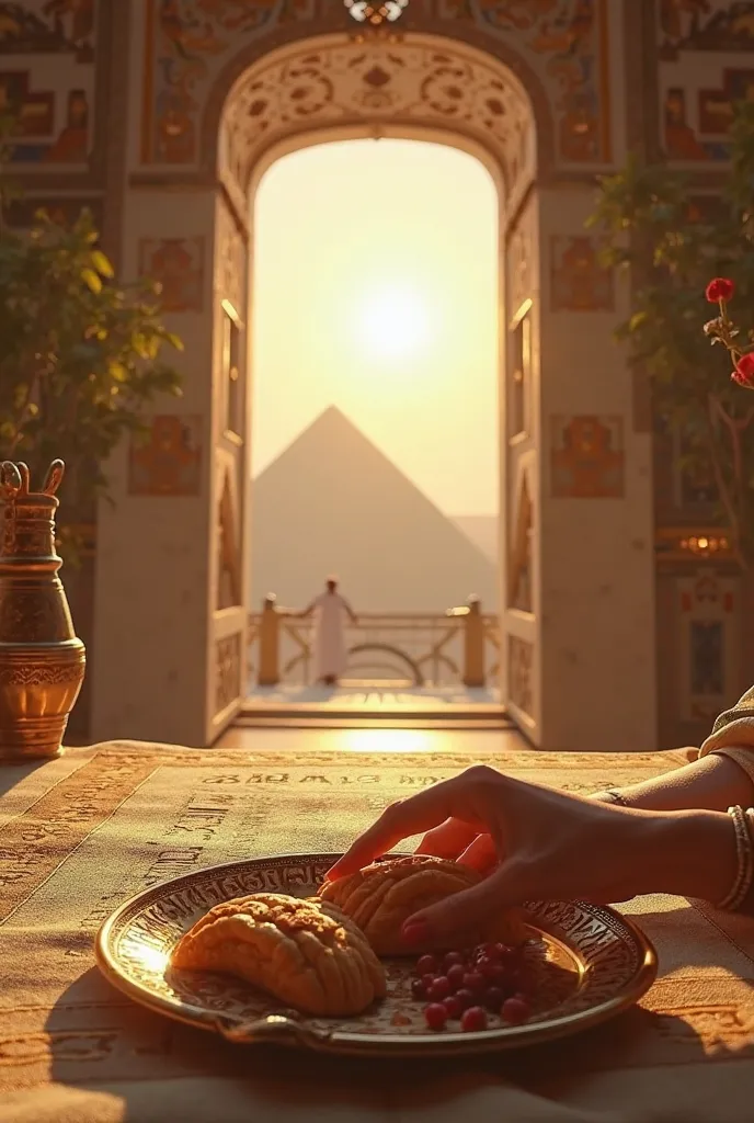 Hyper-realistic, cinematic first-person POV of awakening inside a grand stone chamber in ancient Babylon, the scent of burning myrrh, fresh linen, and warm bread filling the cool morning air. The viewer’s hands rest on a woven linen sheet, fingers tracing ...