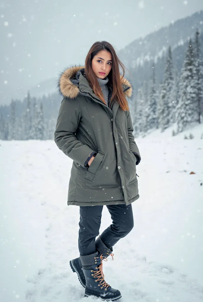 Create a model posing for a photo in the snow with a snow-appropriate outfit 